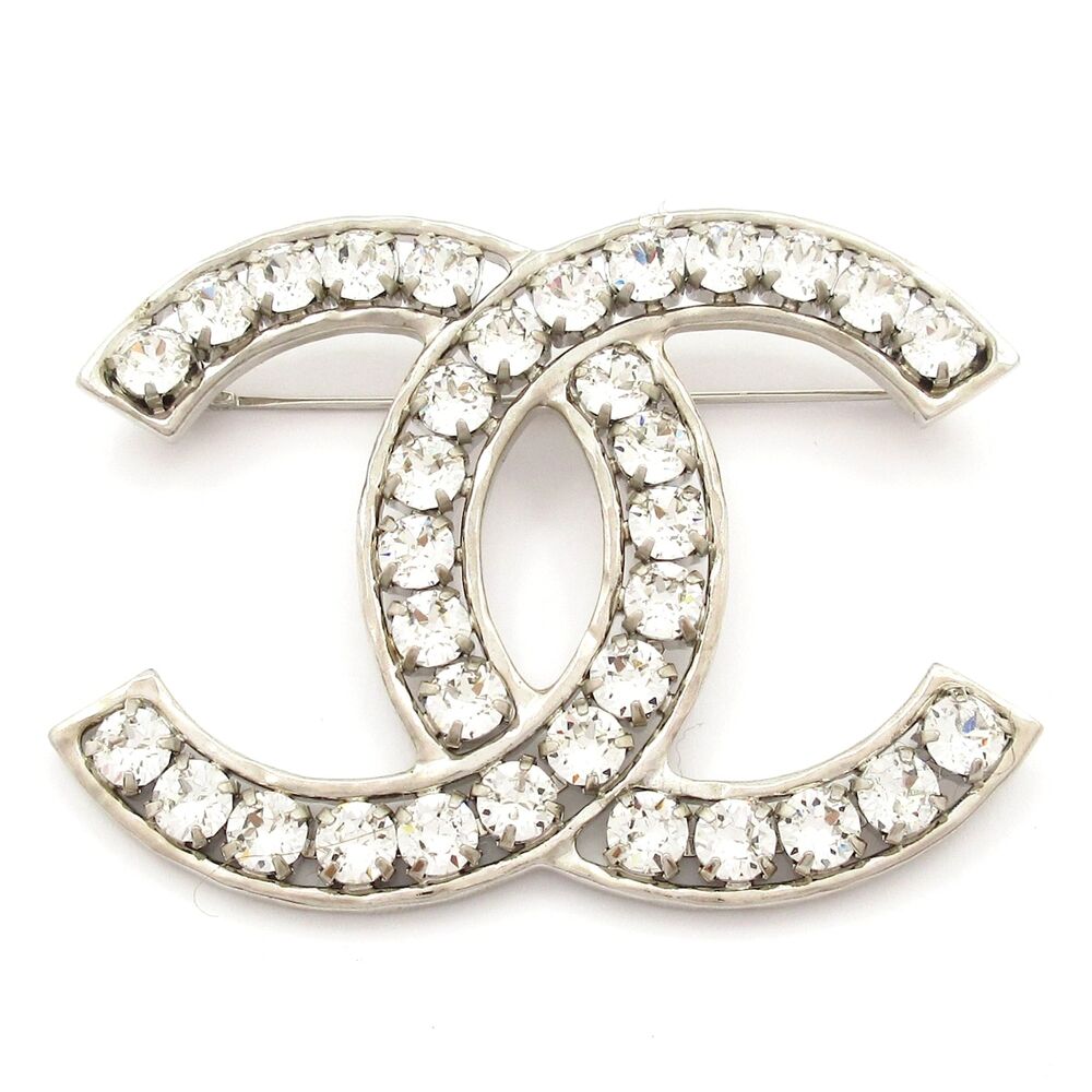 Chanel Coco Brooch Silver Clear Hardware Rhinestones